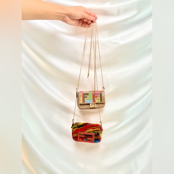 Fendi Kuban Canvas FF Embroidered Nano Baguette Bag Charm Grezzo Multicolor - Picture 3 of 17